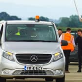 Actor Tom Cruise is greeted after touching down at Teesside International Airport.