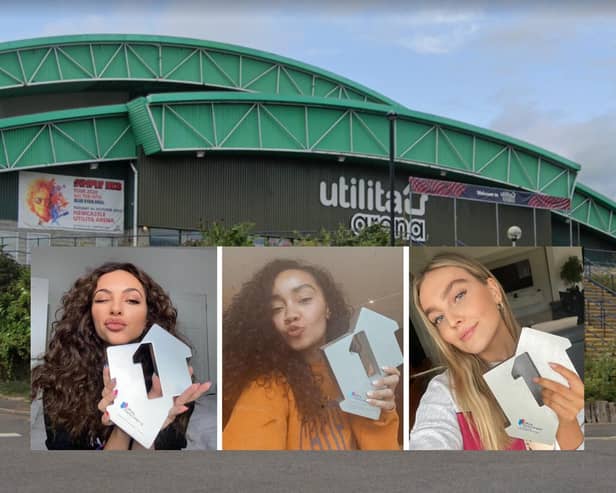 Jade Thirlwall, Leigh-Anne Pinnock and Perrie Edwards pictured as they celebrated their Little Mix song, Sweet Melody, climbed to the top Official Singles Charts run by the Official Charts Company. They will perform at the Utilita Arena in Newcastle in April next year after their Confetti tour was rescheduled. Images by PA and Google.