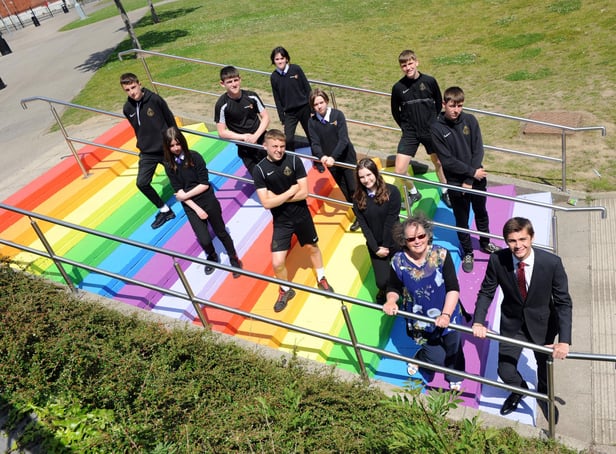 Students at Mortimer Community College, marking Schools Diversity Week, pictured with Ruth Berkley and Adam Ellison (centre l to r)