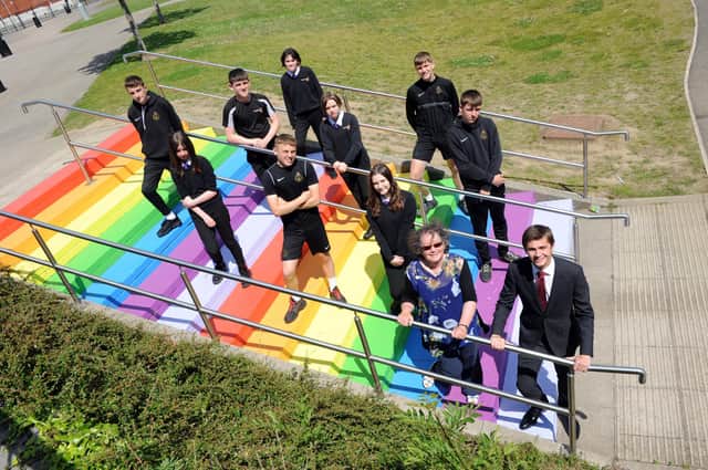 Students at Mortimer Community College, marking Schools Diversity Week, pictured with Ruth Berkley and Adam Ellison (centre l to r)