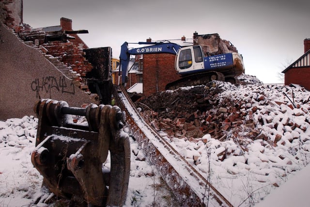 A cold day in January 2004 as demolition work starts on the site of the former Cawkwells shop in Laygate Lane.