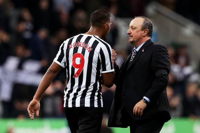 Salomon Rondon of Newcastle United shakes hands with Rafael Benitez, Manager of Newcastle United at the end of the match after the Premier League match between Newcastle United and Watford FC at St. James Park on November 3, 2018 in Newcastle upon Tyne, United Kingdom.
