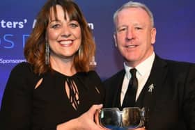 Louise Wanless being presented with the John Fotheringham Award by Kevin Ball in 2019 at a ceremony held at Ramside Hall.