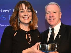 Louise Wanless being presented with the John Fotheringham Award by Kevin Ball in 2019 at a ceremony held at Ramside Hall.