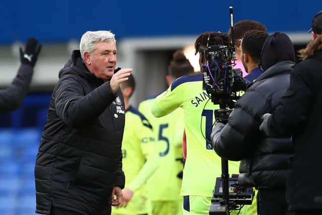 Newcastle United's English head coach Steve Bruce reacts at the final whistle during the English Premier League football match between Everton and Newcastle United at Goodison Park in Liverpool, north west England on January 30, 2021.