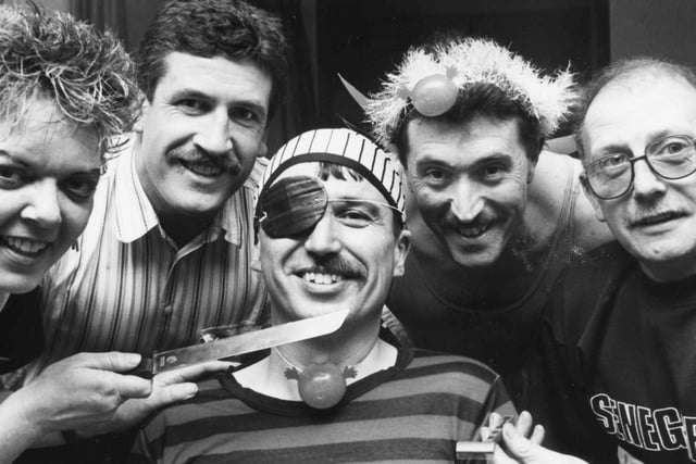 Back to 1991 when Trevor Staddon prepared to lose his moustache during a sponsored shave. Also pictured were from left, Ronnie Scott, John Glenwright and John Tighe with Susan Glenwright ready to perform the charity shave.