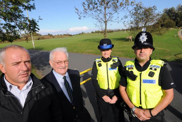 Bill Brady (second from left) with Councillor Ernest Gibson, who were together known as the 'Ant and Dec' of South Tyneside Council. Pictured here with PCSO Caryn Wilson and Pc Rob Lloyd after police began increasing patrols following complaints of motorcycle disorder on Temple Park fields and the surrounding area.