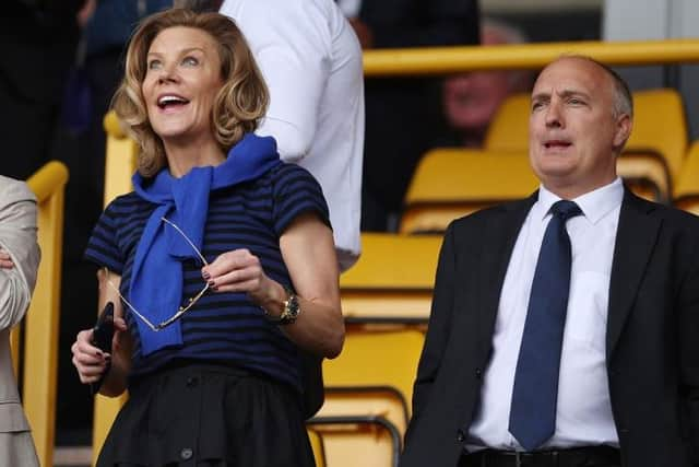 Newcastle United Co-Owner and Chief Executive Officer of PCP Capital Partners Amanda Staveley and Newcastle United's CEO Darren Eales look on during the Premier League match between Wolverhampton Wanderers and Newcastle United at Molineux on August 28, 2022 in Wolverhampton, England. (Photo by Eddie Keogh/Getty Images)