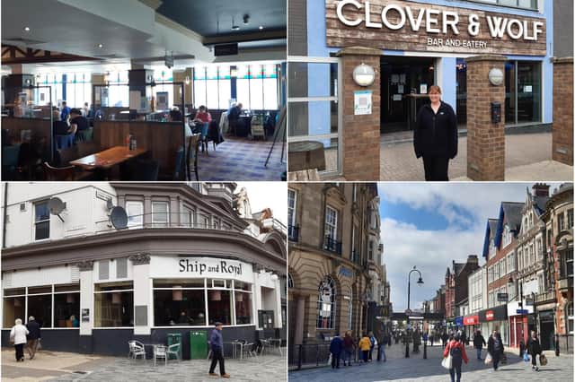 Punters return to the Mile End Road Wetherspoon's for midday food and drink (above, left); Stephanie Gooding, manager at the Clover & Woolf establishment (above, right); the Ship & Royal welcomes back customers for the first time in months (below, left); short spells of sunshine and relaxed restrictions brought South Tynesiders out onto King Street this week (below, right).