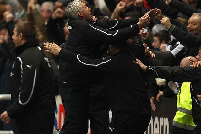Newcastle manager Alan Pardew celebrates the equaliser during the Barclays Premier League match between Newcastle United and Arsenal at St James' Park on February 5, 2011 in Newcastle upon Tyne, England.  (Photo by Richard Heathcote/Getty Images)