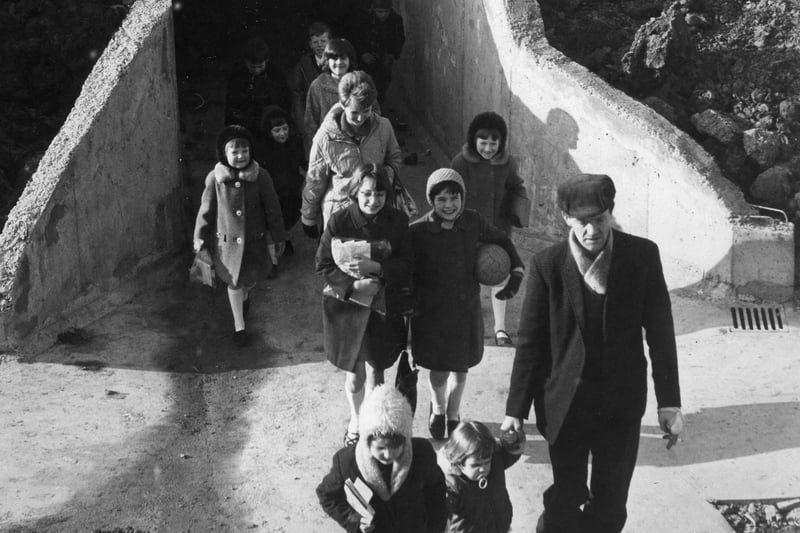 The first children to use the Perth Avenue subway in March 1967.