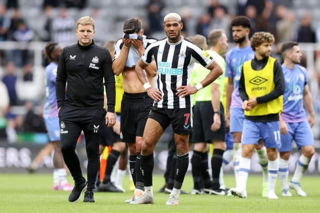 Newcastle United Eddie Howe and Joelinton after the final whistle yesterday.