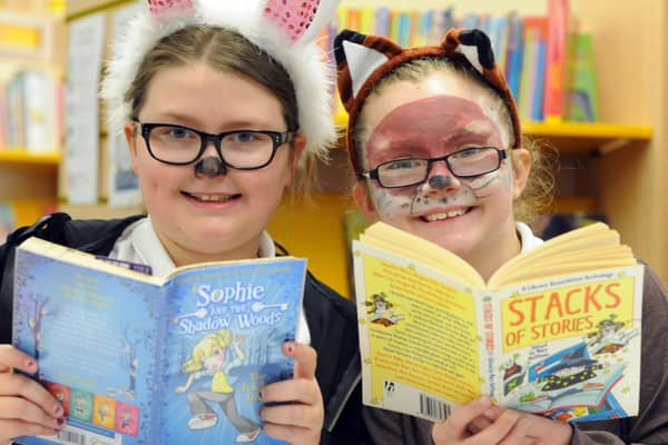 World Book Day at South Shields Central Library with Fellgate Primary School pupils Katie Avenell and Holly Smith in 2015.