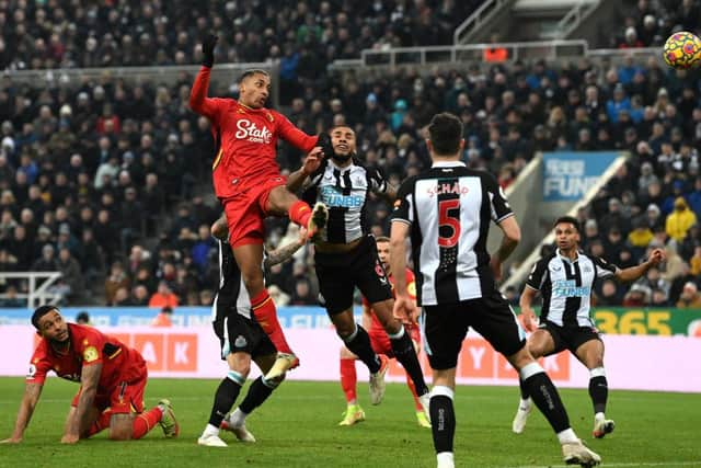 Joao Pedro of Watford FC scores their team's first goal during the Premier League match between Newcastle United and Watford at St. James Park on January 15, 2022 in Newcastle upon Tyne, England. (Photo by Stu Forster/Getty Images)