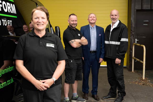 New general manager at Laminform, Julie Pickett, with Gary Robinson, Rob Sanderson, and Jim Brindle.