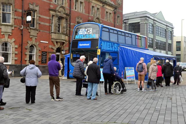Long queues at the Covid-19 vaccine bus parked up in King Street, South Shields.