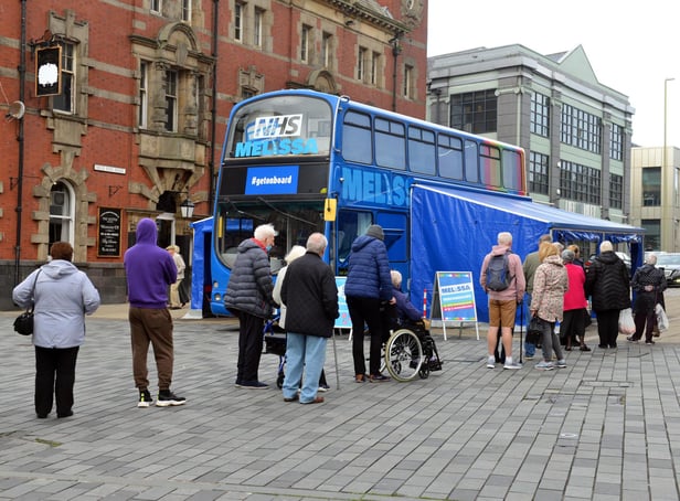 Long queues at the Covid-19 vaccine bus parked up in King Street, South Shields.