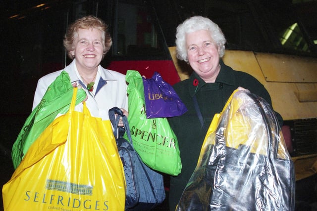 Christmas shoppers were pictured on the Echo train to London in 1994. Here are Beatrice Joyce and Kath Slattery who shopped with smiles on their faces.