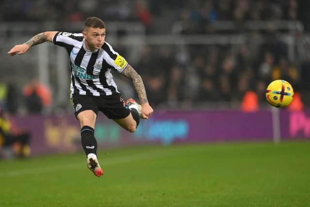 Newcastle player Kieran Trippier is airbourne as he puts over a cross during the Premier League match between Newcastle United and Leeds United at St. James Park on December 31, 2022 in Newcastle upon Tyne, England. (Photo by Stu Forster/Getty Images)