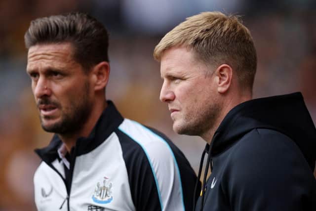 Eddie Howe, Manager of Newcastle United looks on during the Premier League match between Wolverhampton Wanderers and Newcastle United at Molineux on August 28, 2022 in Wolverhampton, England. (Photo by Eddie Keogh/Getty Images)