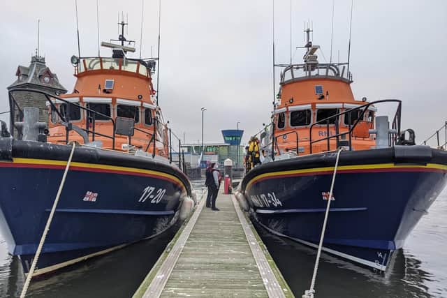 Tynemouth RNLI's old and new boats alongside each other as Spirit of Northumberland prepared to leave and Osier arrived on station.