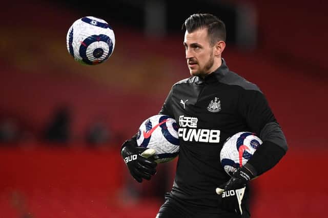 MANCHESTER, ENGLAND - FEBRUARY 21: Newcastle goalkeeper Martin Dubravka with the New Nike match ball during the Premier League match between Manchester United and Newcastle United at Old Trafford on February 21, 2021 in Manchester, England. Sporting stadiums around the UK remain under strict restrictions due to the Coronavirus Pandemic as Government social distancing laws prohibit fans inside venues resulting in games being played behind closed doors. (Photo by Stu Forster/Getty Images)