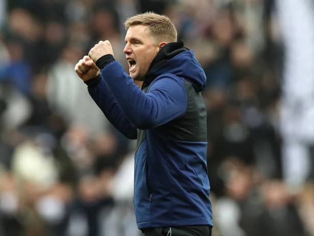 Eddie Howe, Manager of Newcastle United celebrates with fans after their sides victory during the Premier League match between Newcastle United and Brighton & Hove Albion at St. James Park on March 05, 2022 in Newcastle upon Tyne, England. (Photo by Ian MacNicol/Getty Images)