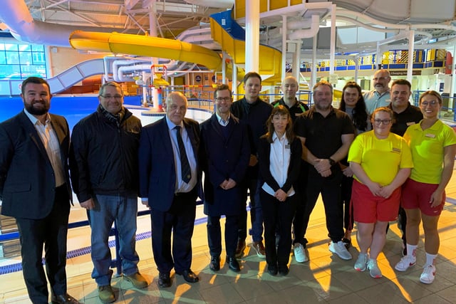 Representatives from Serco and More Leisure Community Trust with Andy Abrahams, Mansfield mayor, fourth from left, Coun Andy Burgin, second from left, and staff at Water Meadows celebrating the announcement.