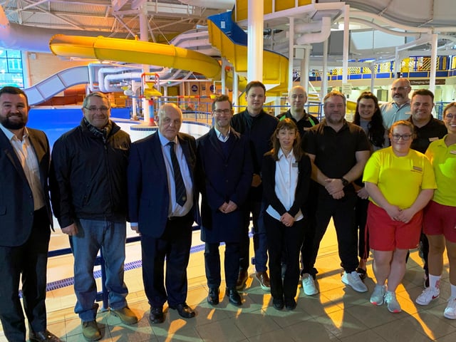 Representatives from Serco and More Leisure Community Trust with Andy Abrahams, Mansfield mayor, fourth from left, Coun Andy Burgin, second from left, and staff at Water Meadows celebrating the announcement.