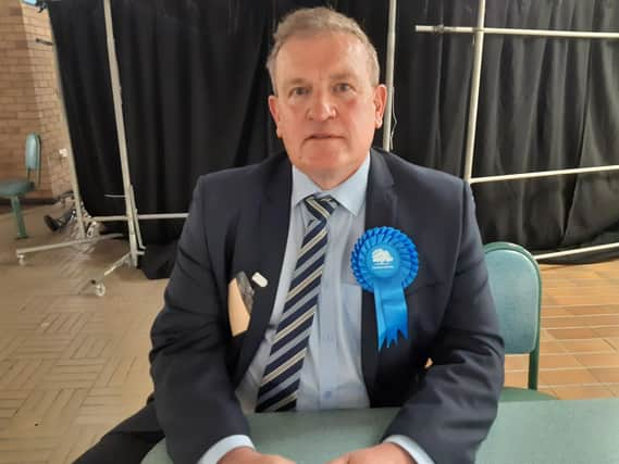 Conservative councillor Ian Forster on election night, shortly after getting voted in