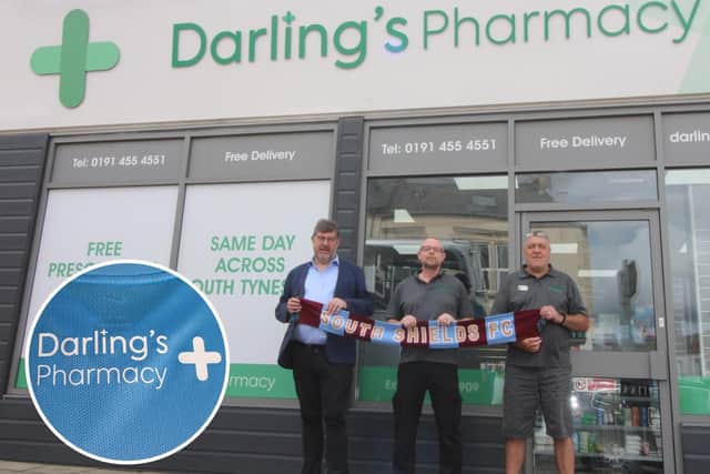 Darling's Pharmacy chairman Paul Darling, operations manager Simon Simpson and delivery driver John Smith. Picture: South Shields FC.