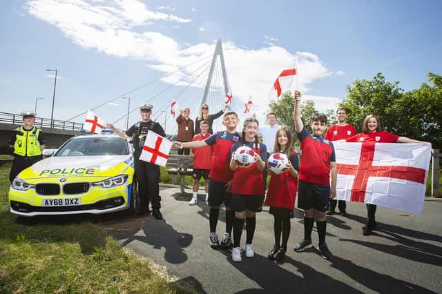Northumbria Police Sgnt Steve Chappell and PC Greg Huntley, Sunderland City Council road safety members Karen Turnbull and Gemma Strong, Sunderland Foundation coach Jack Gray, Northern Saints Primary School pupils Frankie, Lily, Leia and Jayden, Coun Kevin Johnston and RSGB NE’s Peter Slater and Cheryl Ford-Lyddon.
