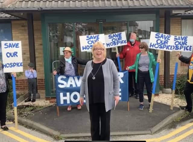 Kay Smith and campaigners at the former St Clare's Hospice in Jarrow.