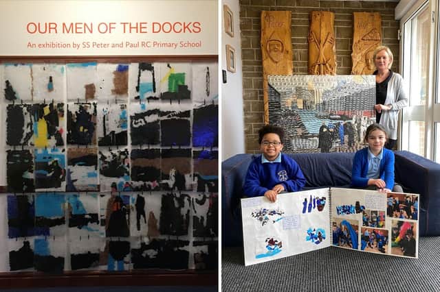 (right) Ethan Murray and Emily Martin, Year 2 students at SS Peter and Paul RC Primary and Jenny Parker
Early Years, English, Art and Music Co-ordinator. The children are holding their project sketch book and Jenny Parker is holding a copy of the Year 6 artwork created for the National Gallery’s Take One Picture programme.
(left) Our Men of the Docks exhibition by SS Peter and Paul RC at South Shields Museum & Art Gallery.
