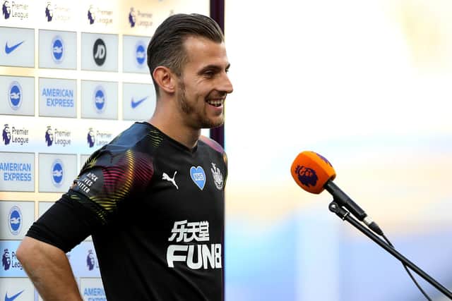 BRIGHTON, ENGLAND - JULY 20: Martin Dubravka of Newcastle United speaks to the media pitchside after the Premier League match between Brighton & Hove Albion and Newcastle United at American Express Community Stadium on July 20, 2020 in Brighton, England. Football Stadiums around Europe remain empty due to the Coronavirus Pandemic as Government social distancing laws prohibit fans inside venues resulting in all fixtures being played behind closed doors. (Photo by Newcastle United/Newcastle United via Getty Images)