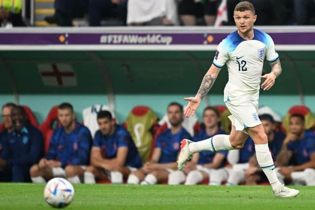 England's defender #12 Kieran Trippier runs with the ball during the Qatar 2022 World Cup Group B football match between England and USA at the Al-Bayt Stadium in Al Khor, north of Doha on November 25, 2022. (Photo by Kirill KUDRYAVTSEV / AFP) (Photo by KIRILL KUDRYAVTSEV/AFP via Getty Images)