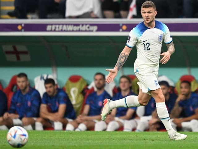 England's defender #12 Kieran Trippier runs with the ball during the Qatar 2022 World Cup Group B football match between England and USA at the Al-Bayt Stadium in Al Khor, north of Doha on November 25, 2022. (Photo by Kirill KUDRYAVTSEV / AFP) (Photo by KIRILL KUDRYAVTSEV/AFP via Getty Images)