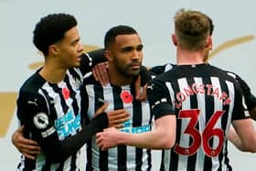 Callum Wilson, centre, celebrates his first goal against Everton.