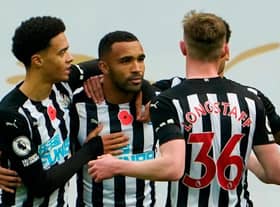 Callum Wilson, centre, celebrates his first goal against Everton.