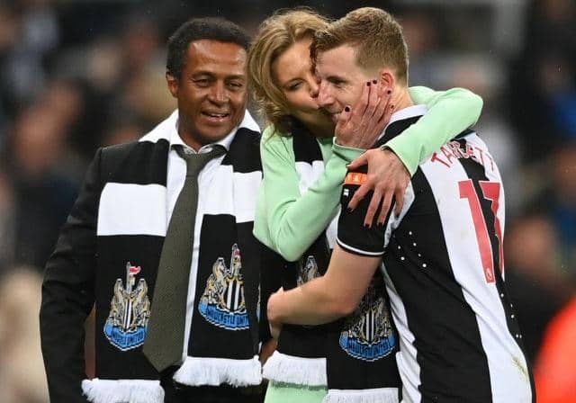 Amanda Staveley, Director of Newcastle United gives Matt Targett of Newcastle United a kiss following their victory in the Premier League match between Newcastle United and Arsenal at St. James Park on May 16, 2022 in Newcastle upon Tyne, England. (Photo by Stu Forster/Getty Images)