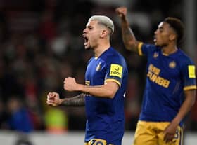 Newcastle United midfielder Bruno Guimaraes celebrates the club's win over Nottingham Forest.