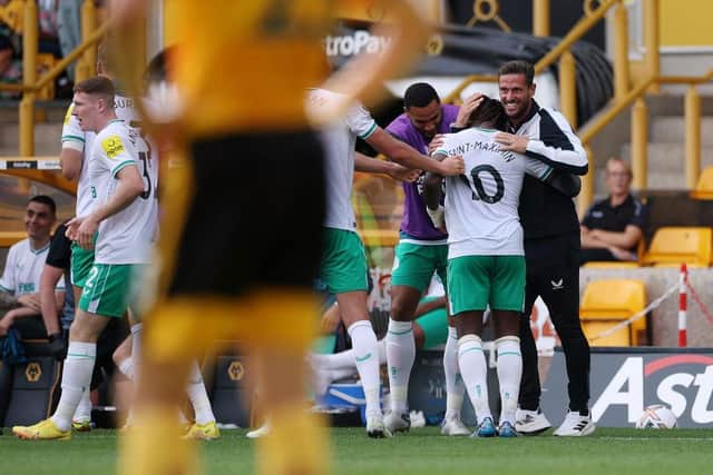 Newcastle United's Allan Saint-Maximin celebrates his stunning goal at Molineux in late August.