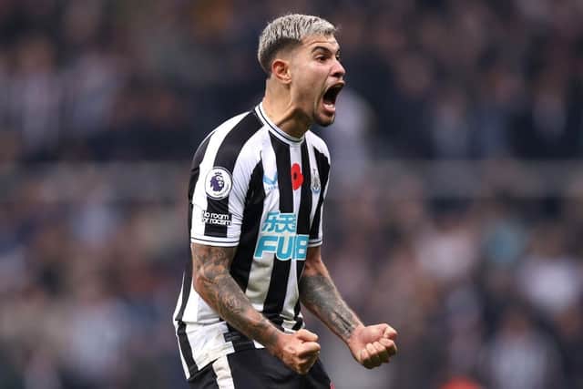Bruno Guimaraes of Newcastle United celebrates after their sides victory during the Premier League match between Newcastle United and Chelsea FC at St. James Park on November 12, 2022 in Newcastle upon Tyne, England. (Photo by George Wood/Getty Images)