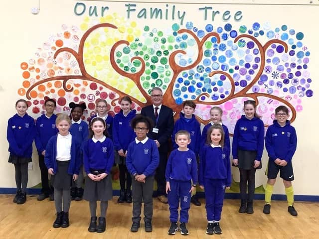 Headteacher Martin Clephane with pupils at St Mary’s Catholic Primary School, Sunderland.