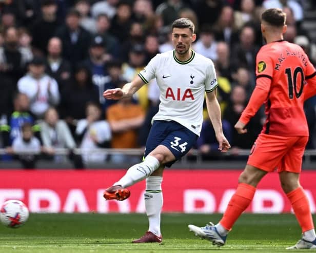 Tottenham Hotspur's French defender Clement Lenglet passes the ball during the English Premier League football match between Tottenham Hotspur and Brighton and Hove Albion at Tottenham Hotspur Stadium in London, on April 8, 2023. (Photo by Ben Stansall / AFP)