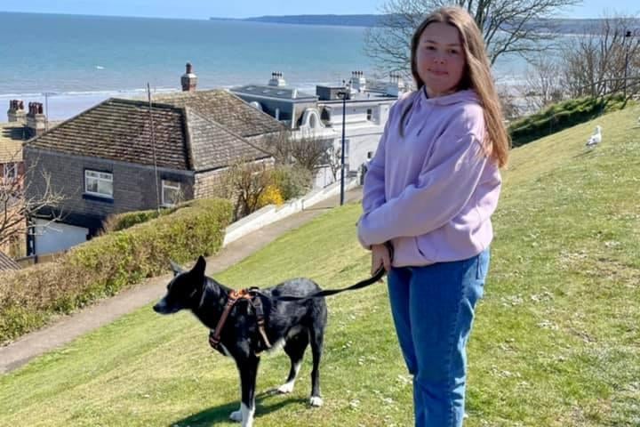 Kathy's daughter and their dog on a trip to Filey.
