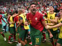 Goncalo Ramos of Portugal celebrates after scoring the team's first goal during the FIFA World Cup Qatar 2022 Round of 16 match between Portugal and Switzerland at Lusail Stadium on December 06, 2022 in Lusail City, Qatar. (Photo by Justin Setterfield/Getty Images)