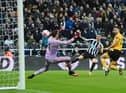 Miguel Almiron of Newcastle United scores the team's second goal during the Premier League match between Newcastle United and Wolverhampton Wanderers at St. James Park on March 12, 2023 in Newcastle upon Tyne, England. (Photo by Michael Regan/Getty Images)