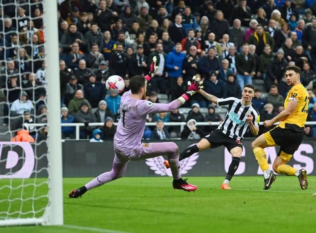 Miguel Almiron of Newcastle United scores the team's second goal during the Premier League match between Newcastle United and Wolverhampton Wanderers at St. James Park on March 12, 2023 in Newcastle upon Tyne, England. (Photo by Michael Regan/Getty Images)