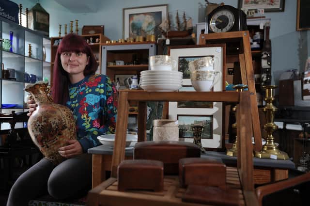 Antique dealer Laurie Scully in her shop in North Road, Boldon Colliery.